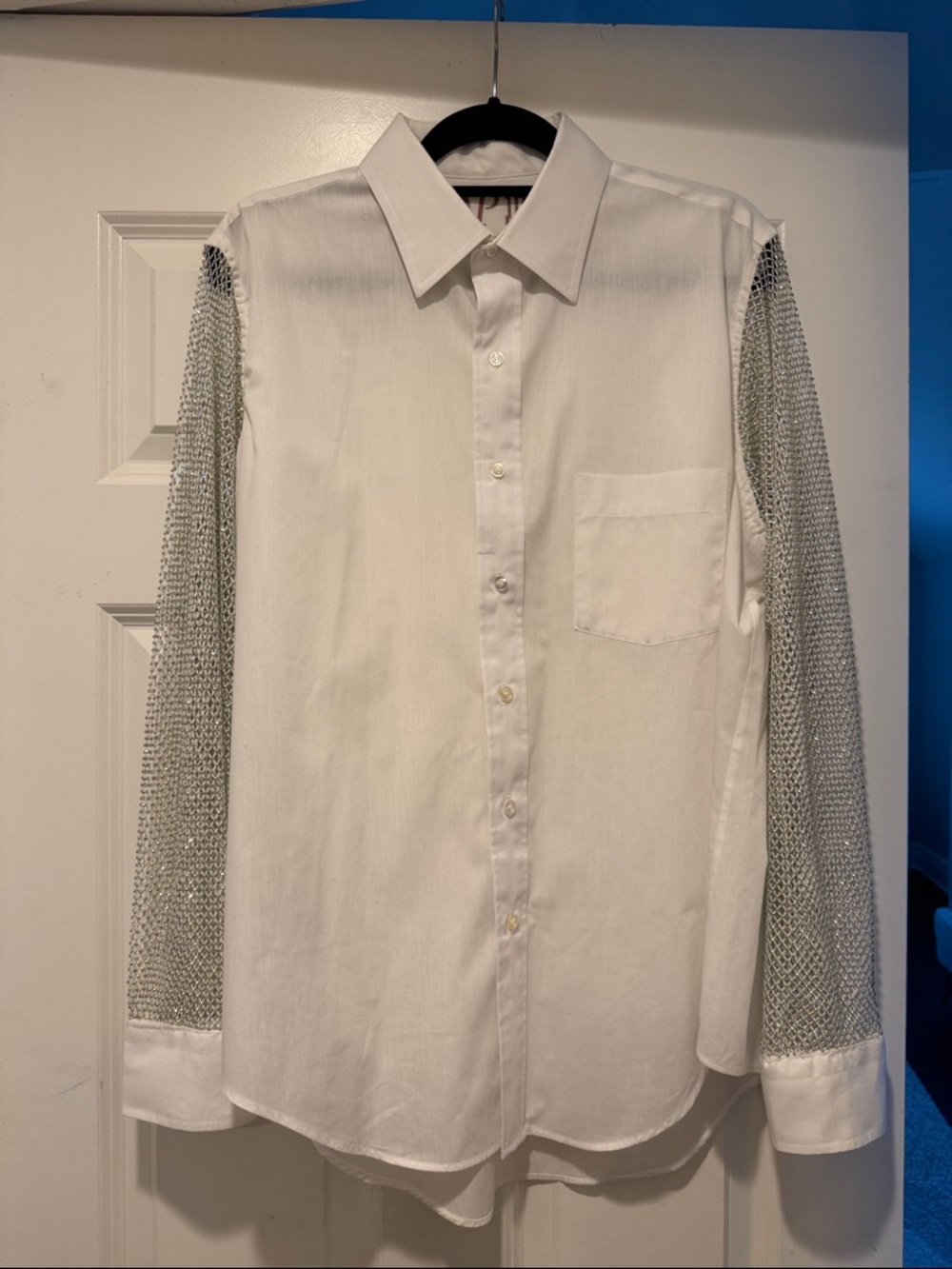 OPD New York White Button Down Women's Shirt with Silver Mesh Sleeves